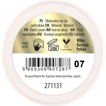 Tył opakowania pudru mineralnego Lovely, odcień 07, widoczny kod kreskowy i napisy w wielu językach.