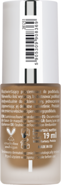 Tył butelki NAM Smart Luminous Foundation Darkener, z etykietą, kodem kreskowym, ikoną cruelty-free i 19ml pojemności.