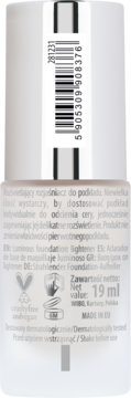 Tył opakowania rozjaśniacza do podkładu Luminous Foundation Lightener 19ml, z etykietą i kodem kreskowym.