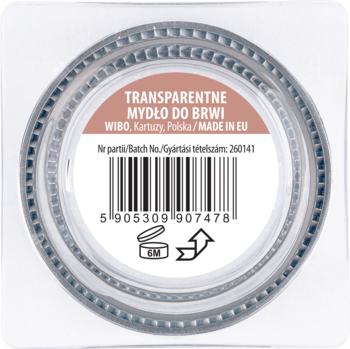 Widok od spodu przezroczystego słoiczka mydła do brwi Wibo, z etykietą "TRANSPARENTNE MYDŁO DO BRWI" i kodem.