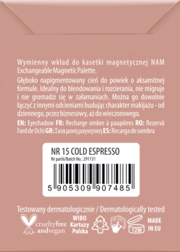 Tył różowego kartonowego opakowania wymiennego cienia NAM NR 15 Cold Espresso z kodem kreskowym.