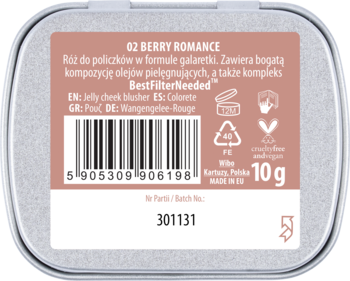 Tył metalowego pudełka różu NAM Smart Jelly, odcień 02 Berry Romance. Brzoskwiniowa etykieta z kodem kreskowym.