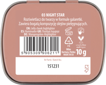 Tył opakowania różowego rozświetlacza NAM Smart Jelly 03 Night Star (formuła galaretki) z opisem i kodem.