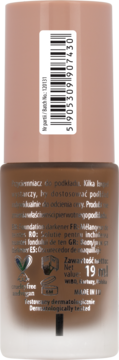 Tylna strona brązowego przyciemniacza do podkładu NAM Smart Foundation, 19 ml, z kodem kreskowym i ikonami.