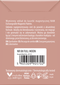 Tył opakowania wymiennego cienia do powiek NAM nr 08 Full Moon, z opisem i kodem kreskowym.