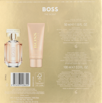 Tył złotego zestawu Hugo Boss The Scent dla kobiet, z widocznymi perfumami 50ml, balsamem 100ml i informacjami o składzie.