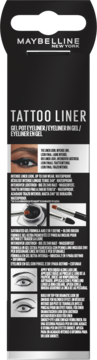 Tył czarnego opakowania Maybelline Tattoo Liner, żelowego eyelinera wodoodpornego 24h, z pędzelkiem i instrukcjami.