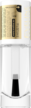 Eveline Top Coat i Quick Dryer 2w1 Gel Laque, przezroczysta butelka z pędzelkiem, złota etykieta, widok z przodu.