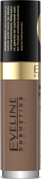 Eveline Wonder Match bronzer w płynie 02, brązowa butelka ze złotą zakrętką i czarną etykietą, pionowe ujęcie.