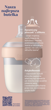 Beżowa butelka LOVI Mammafeel z dynamicznym smoczkiem silikonowym i antykolkowym designem, widok z przodu.
