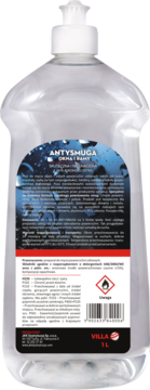 Tył butelki płynu do szyb Villa Antysmuga 1L z białą pompką, widoczna etykieta z kroplami wody i ostrzeżeniem.