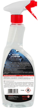 Tył butelki płynu do szyb Villa 750 ml z czerwonym spryskiwaczem. Przezroczyste opakowanie z czytelną etykietą.