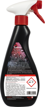 Czarny spray do czyszczenia kabin KABINA, tylna etykieta z ostrzeżeniami i kodem kreskowym.
