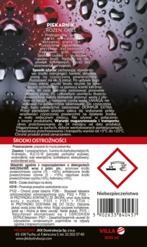 Tył butelki płynu do czyszczenia piekarników Villa 500ml, widoczne instrukcje, skład, ostrzeżenia i kod kreskowy.