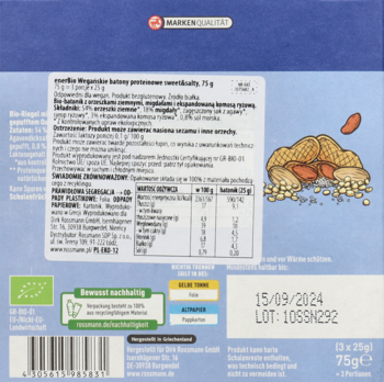 Tył opakowania wegańskiego batonika proteinowego Bionooaga 75g z informacjami o składzie i orzeszkami.