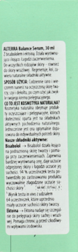 ALTERRA Balance Serum, 30 ml, tył opakowania z polskim opisem produktu, składnikami i sposobem użycia.