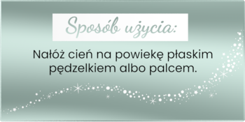 Instrukcja użycia cienia Stars from the Stars: "Nałóż pędzelkiem lub palcem". Prostokątny obraz na zielonkawym tle.