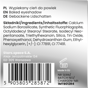 Tył srebrzystego opakowania wypiekanego cienia do powiek. Widoczna lista składników, kod kreskowy i adres producenta.