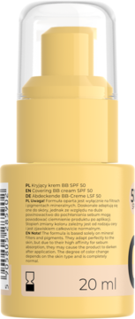 Tył beżowej butelki kryjącego kremu BB SPF 50, widoczne ostrzeżenie o formule mineralnej i pojemność 20 ml.