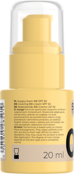Tył beżowej butelki kryjącego kremu BB SPF 50 Stars from the stars z pompką. Widoczny opis w PL/EN/DE, 20 ml.