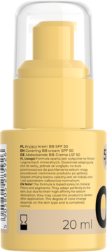 Tył butelki kremu BB SPF 50 Stars w wanilii, z tekstem o formule mineralnej i ostrzeżeniem o ciemnieniu.