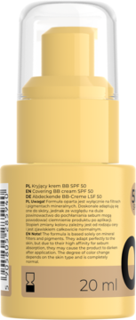 Tył beżowego kryjącego kremu BB Stars Safe Space 20 ml z pompką i tekstem o mineralnej formule SPF 50.