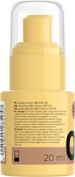Tylna strona beżowej butelki Kryjącego kremu BB SPF 50, 20 ml, z białymi napisami informacyjnymi.