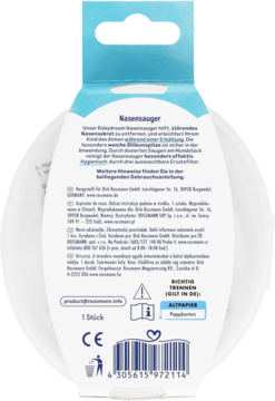 Tył opakowania aspiratora do nosa z niemieckim tekstem, kodem kreskowym i logo dm-drogerie markt. Biało-niebieskie.