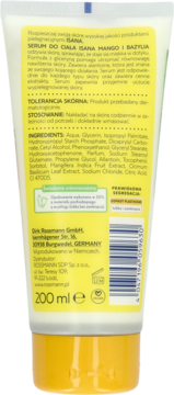 Tył żółto-białego opakowania serum do ciała Isana Mango i Bazylia 200 ml, z widoczną listą składników.