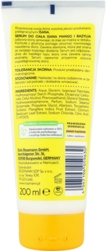 Tył żółto-białej tubki serum do ciała ISANA Mango i Bazylia, widoczne składniki, instrukcje i kod kreskowy, 200 ml.
