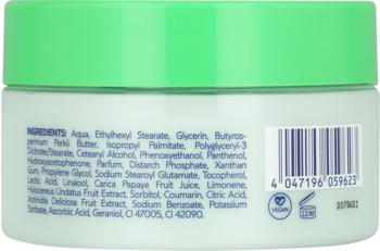 Tył białego opakowania kremu ISANA do ciała z zieloną zakrętką, widoczna lista składników i kod kreskowy.