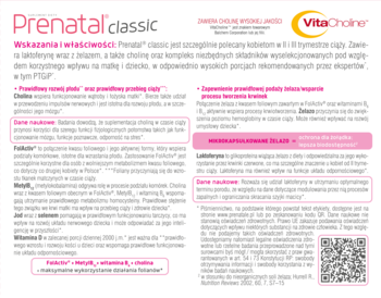 Biała ulotka Prenatal Classic, suplement dla ciężarnych, z logo VitaCholine i tekstem o składnikach, widok z przodu.