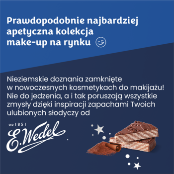 Promocyjna grafika Wedel: apetyczna kolekcja makijażu inspirowana słodyczami, z torcikiem.