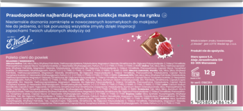 Tył różowo-niebieskiej palety cieni Stars x E.WEDEL o zapachu czekolady i malin. Widoczna ilustracja i kod kreskowy.