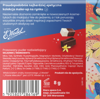 Tył pudełka pudru rozświetlającego Stars x Wedel, 8g, z listą składników i ostrzeżeniem "nie do spożycia".