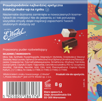 Tył opakowania pudru rozświetlającego Stars x E.Wedel z listą składników, kodem kreskowym i masą 8g.