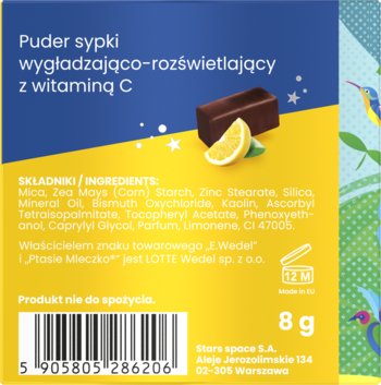 Tył żółtego opakowania pudru sypkiego Stars from the stars z witaminą C, widoczne składniki i waga 8g.