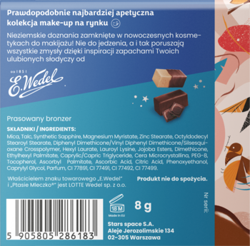 Tył opakowania czekoladowego bronzera Stars from the Stars x E.WEDEL, z bliska, z widocznym składem i wagą 8g.