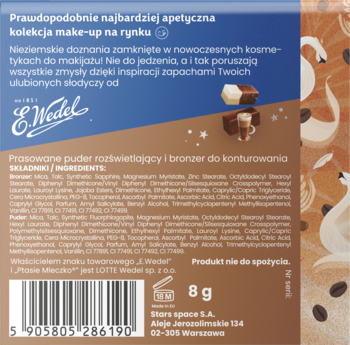 Tył opakowania mini palety do konturowania Stars x Wedel, niebieskie tło, informacja o pudrze i bronzerze, 8g.