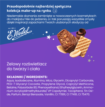 Szampańsko-złoty rozświetlacz żelowy Stars from the Stars x E.Wedel. Obok produkt i batonik Bajeczny, na fioletowym tle.