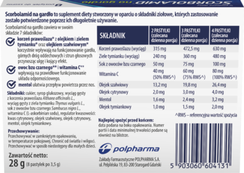 Tył opakowania Scorbolamid na gardło, suplementu diety. Biało-niebieska etykieta ze składem i barkodem.