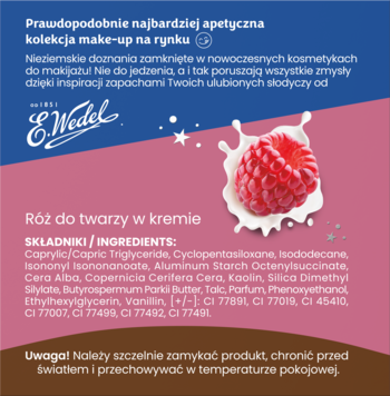 Reklama apetycznego różu w kremie Stars from the Stars x E.Wedel z maliną, mlekiem i listą składników.