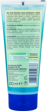 Tył żelu Isana Borówka i Mięta 200ml z pantenolem i betainą. Niebieska tuba, zielona etykieta, widoczna lista składników.