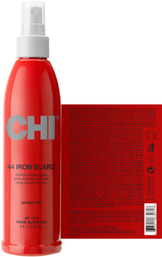 Spray termoochronny CHI 44 Iron Guard w czerwonej butelce z białymi napisami, widok z przodu, obok pudełka.