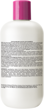 Tył białej butelki szamponu Chi Color Care Color Lock z różową nakrętką, z widocznym opisem produktu i składnikami.
