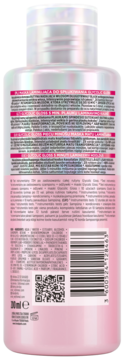 Tył różowej butelki Elseve Glycolic Gloss z kwasem glikolowym do włosów matowych, etykiety, kod QR.