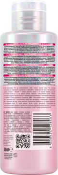 Tył różowej butelki Elseve Glycolic Gloss 200ml, kuracja laminująca z kwasem glikolowym, etykieta ze składnikami i kodem QR.