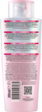 Tył różowej, holograficznej butelki szamponu L'Oréal Elseve Glycolic Gloss 200ml z etykietą i kodem.