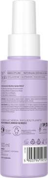 Tył light fioletowej butelki Neboa Glossy Hair wygładzającej odżywki w sprayu, z etykietą po polsku i kodem kreskowym.