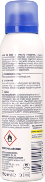 Tył białego sprayu do stóp Fusswohl z niebieską nakrętką, widoczne polskie etykiety, ostrzeżenie o łatwopalności.